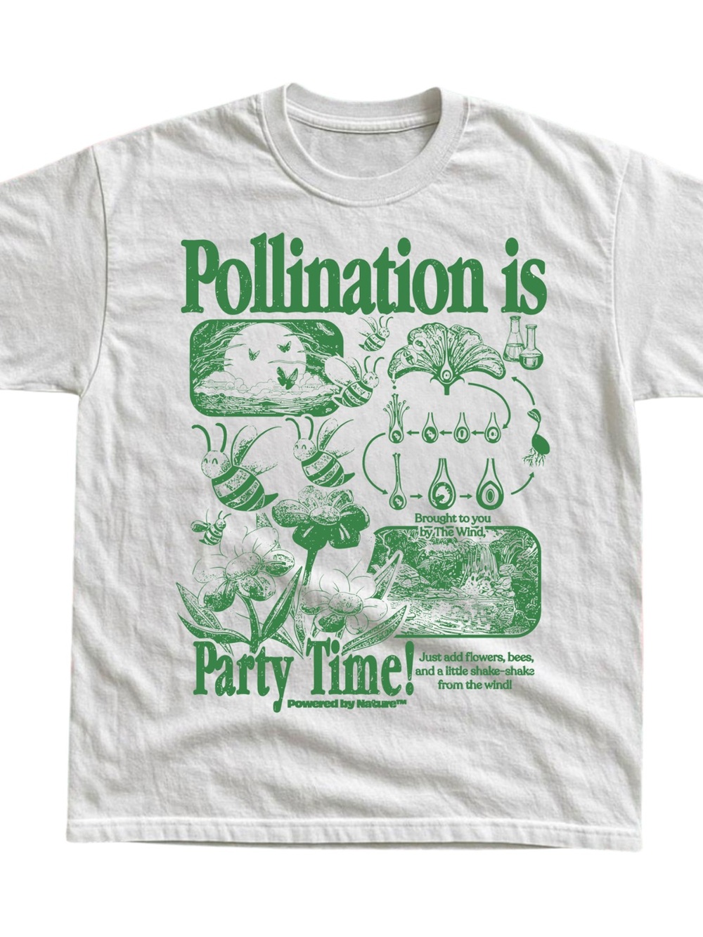 Gildan White Tee with Green Pollination Graphic, Gift For Her, For Him